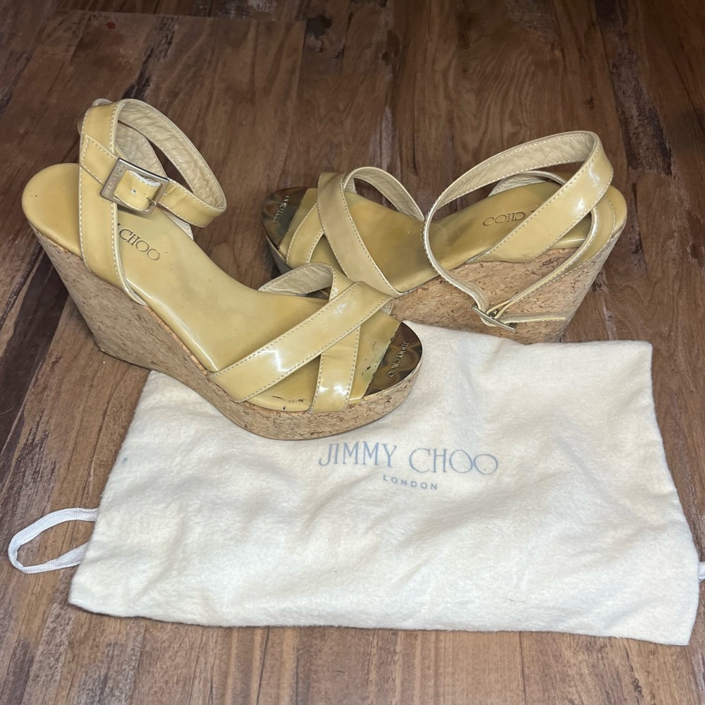 Jimmy Choo 35.5 Patent Leather Cork Wedges Heels Shoes Sandals Ankle Wrap Strap
